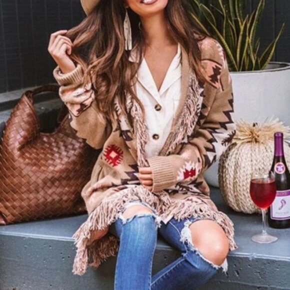 New Aztec Fringe Cardigan Sweater Coat - Picture 6 of 8